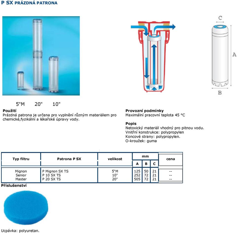 Vnitřní konstrukce: polypropylen O-kroužek: guma Typ filtru Patrona P SX