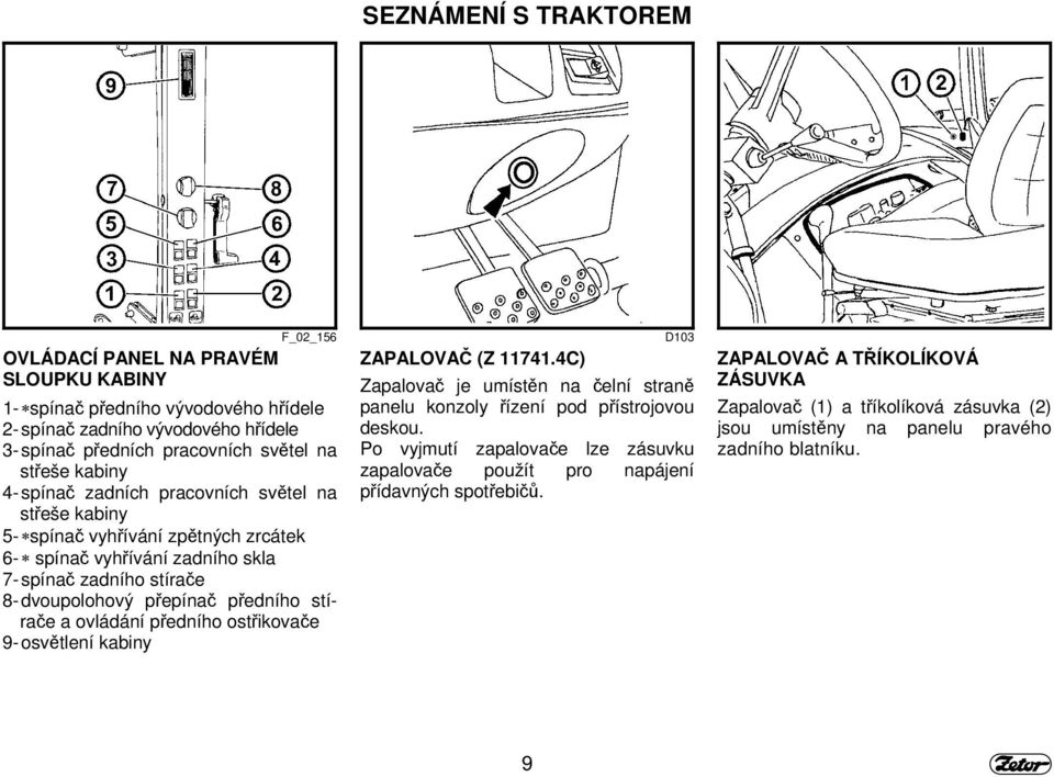 předního stírače a ovládání předního ostřikovače 9- osvětlení kabiny D103 ZAPALOVAČ (Z 11741.4C) Zapalovač je umístěn na čelní straně panelu konzoly řízení pod přístrojovou deskou.