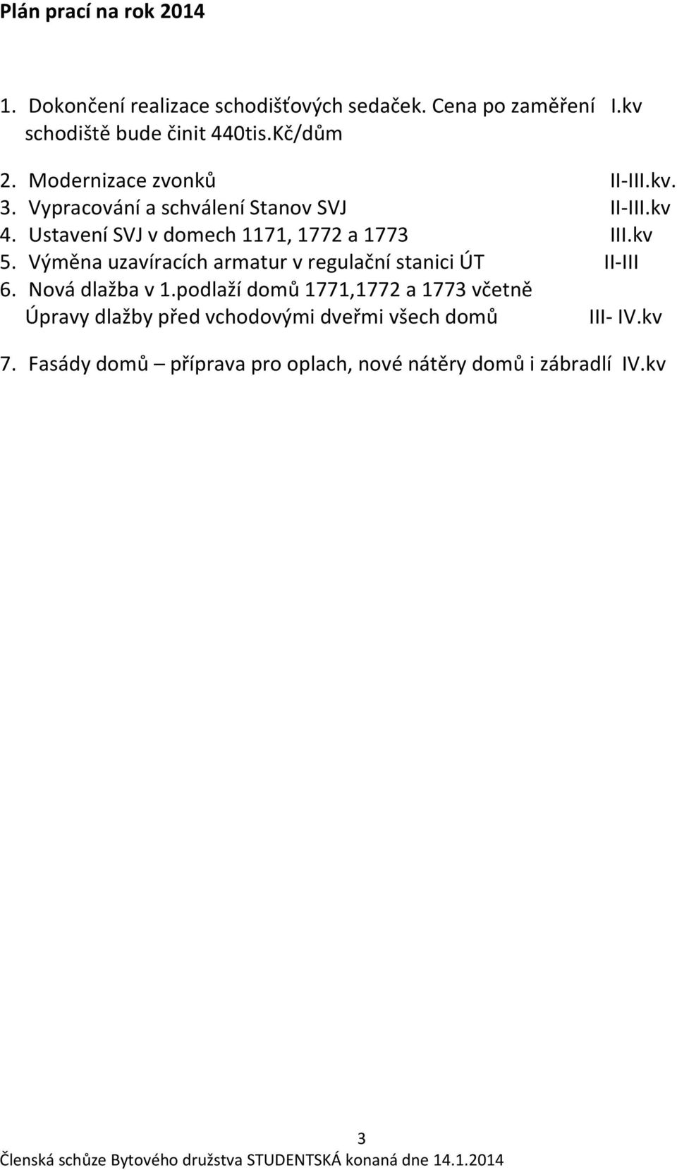 Ustavení SVJ v domech 1171, 1772 a 1773 III.kv 5. Výměna uzavíracích armatur v regulační stanici ÚT II-III 6. Nová dlažba v 1.