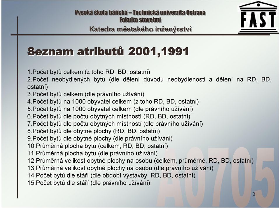 Počet bytů dle počtu obytných místností (RD, BD, ostatní) 7.Počet bytů dle počtu obytných místností (dle právního užívání) 8.Počet bytů dle obytné plochy (RD, BD, ostatní) 9.