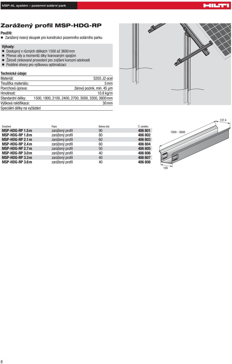 žárový pozink, min. 45 μm Hmotnost: 10.8 kg/m Standardní délky: 1500, 1800, 2100, 2400, 2700, 3000, 3300, 3600 mm Výšková rektifi kace: 30 mm Speciální délky na vyžádání 137.