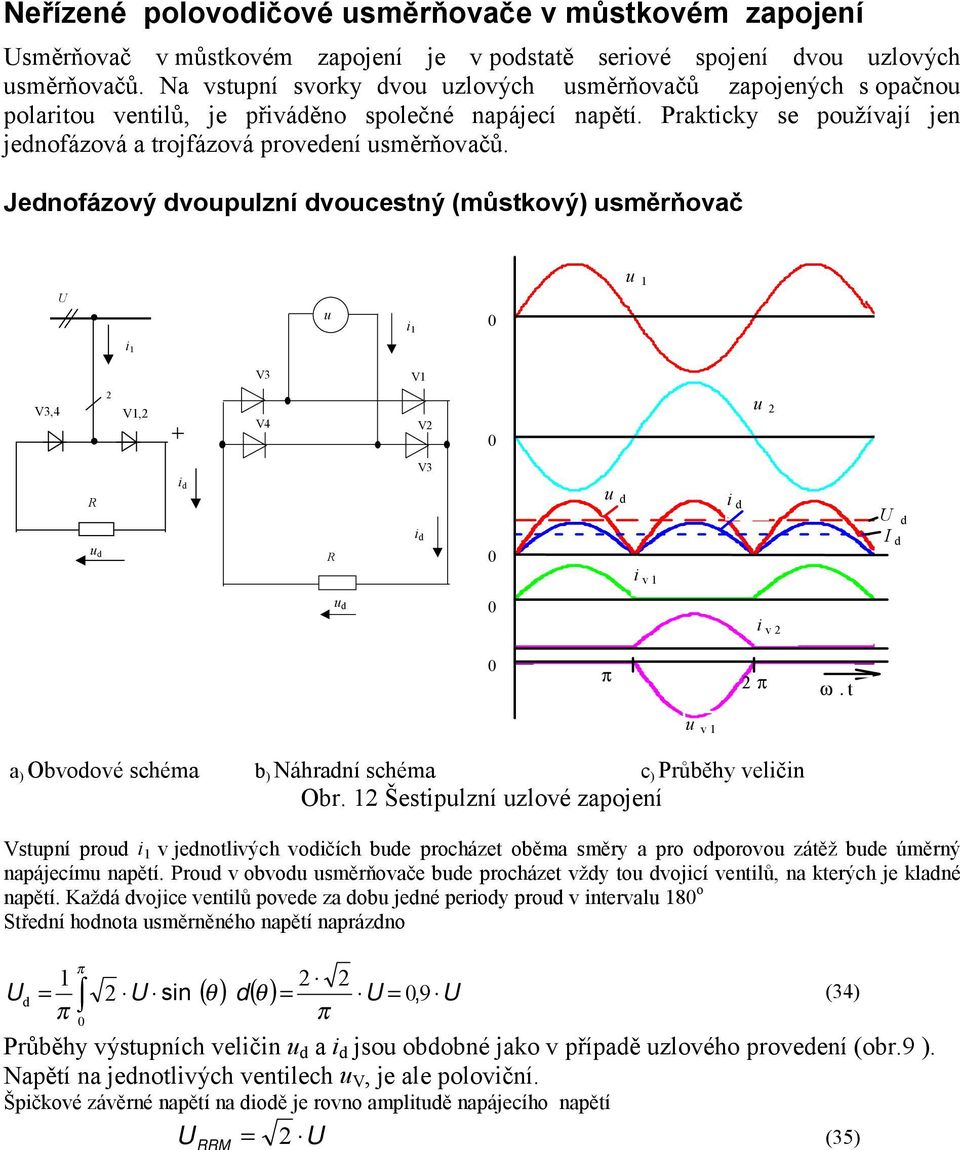 Jenofázový voplzní vocestný (ůstkový) sěrňovač i 1 1 i 1 V3 V1 V3,4 V1, V4 V V3 i i i i v 1 i v ω.t a ) Obvoové schéa b ) Náhraní schéa c ) Průběhy veličin Obr.