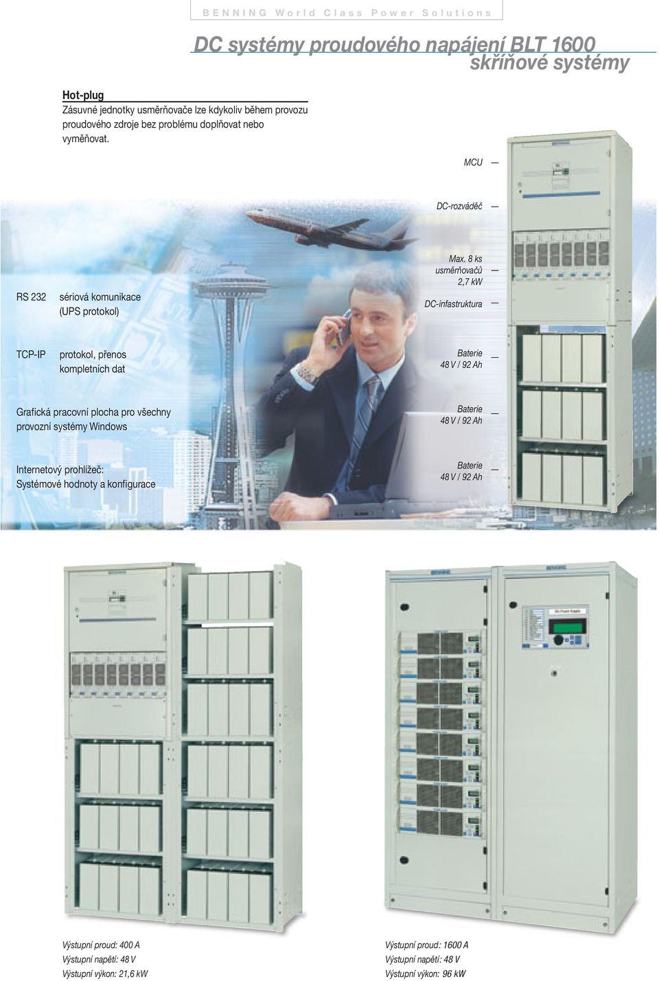8 ks usměrňovačů 2,7 kw DC-infastruktura TCP-IP protokol, přenos kompletních dat Baterie 48 V / 92 Ah Grafická pracovní plocha pro všechny provozní systémy