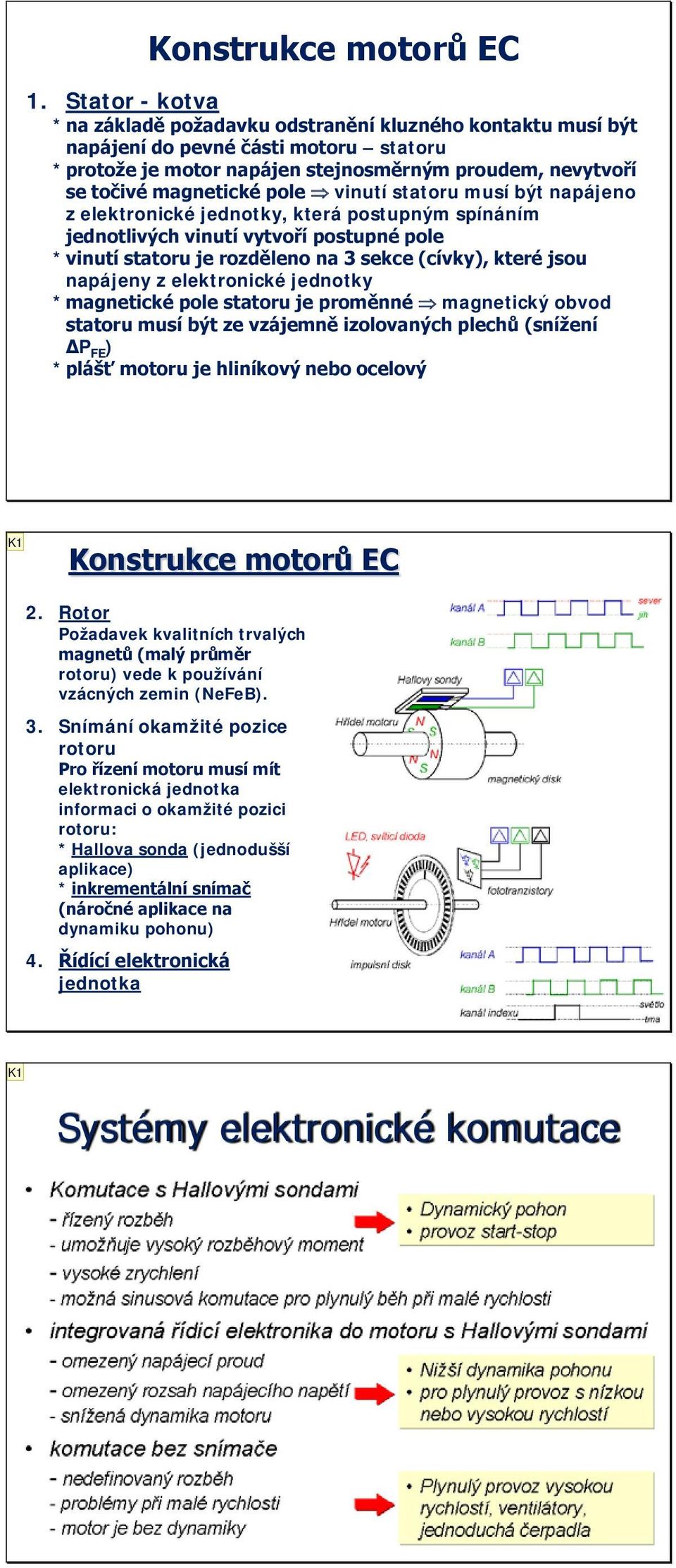 vinutí statoru musí být napájeno z elektronické jednotky, která postupným spínáním jednotlivých vinutí vytvoří postupné pole *vinutí statoru je rozděleno na 3 sekce (cívky), které jsou napájeny z