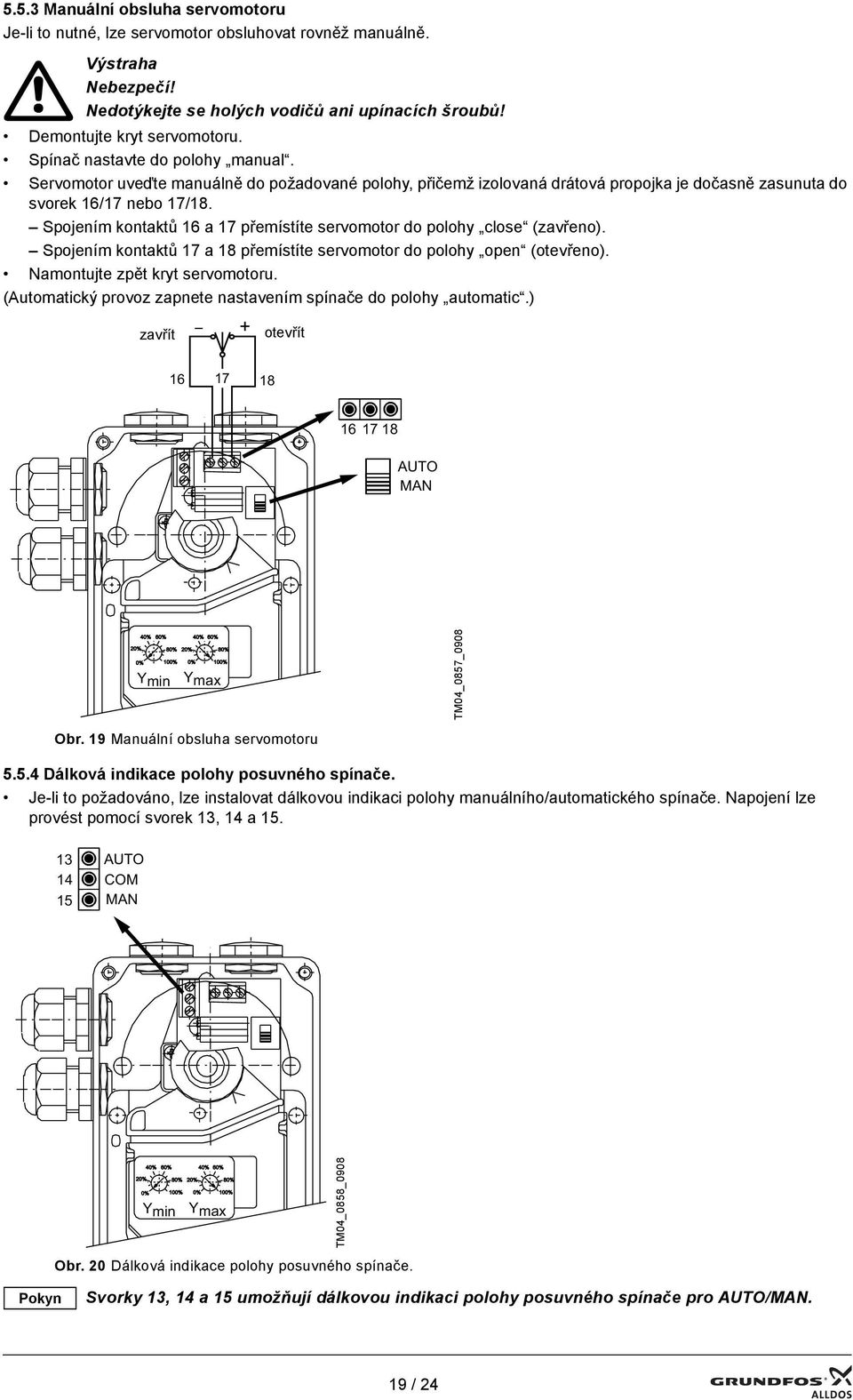 Spojením kontaktů 16 a 17 přemístíte servomotor do polohy close (zavřeno). Spojením kontaktů 17 a 18 přemístíte servomotor do polohy open (otevřeno). Namontujte zpět kryt servomotoru.