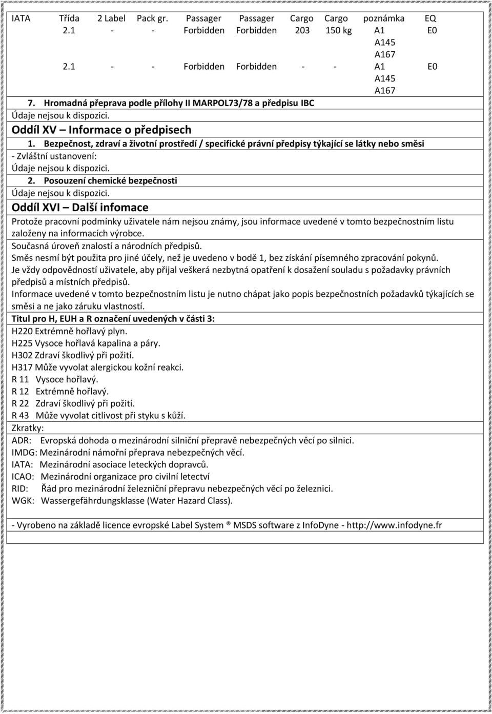 Bezpečnost, zdraví a životní prostředí / specifické právní předpisy týkající se látky nebo směsi - Zvláštní ustanovení: 2.