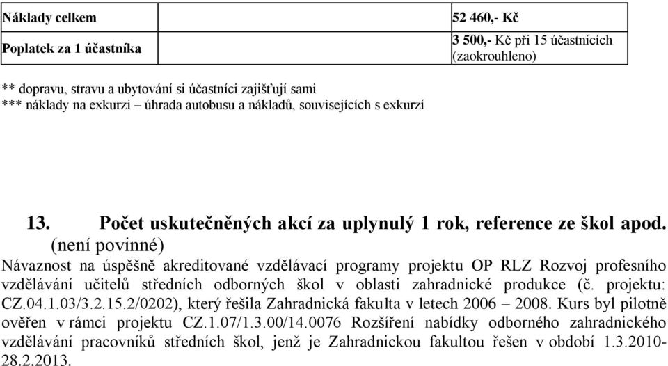 (není povinné) Návaznost na úspěšně akreditované vzdělávací programy projektu OP RLZ Rozvoj profesního vzdělávání učitelů středních odborných škol v oblasti zahradnické produkce (č. projektu: CZ.