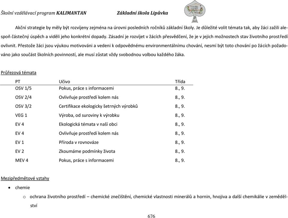 Přestože žáci jsou výukou motivováni a vedeni k odpovědnému environmentálnímu chování, nesmí být toto chování po žácích požadováno jako součást školních povinností, ale musí zůstat vždy svobodnou