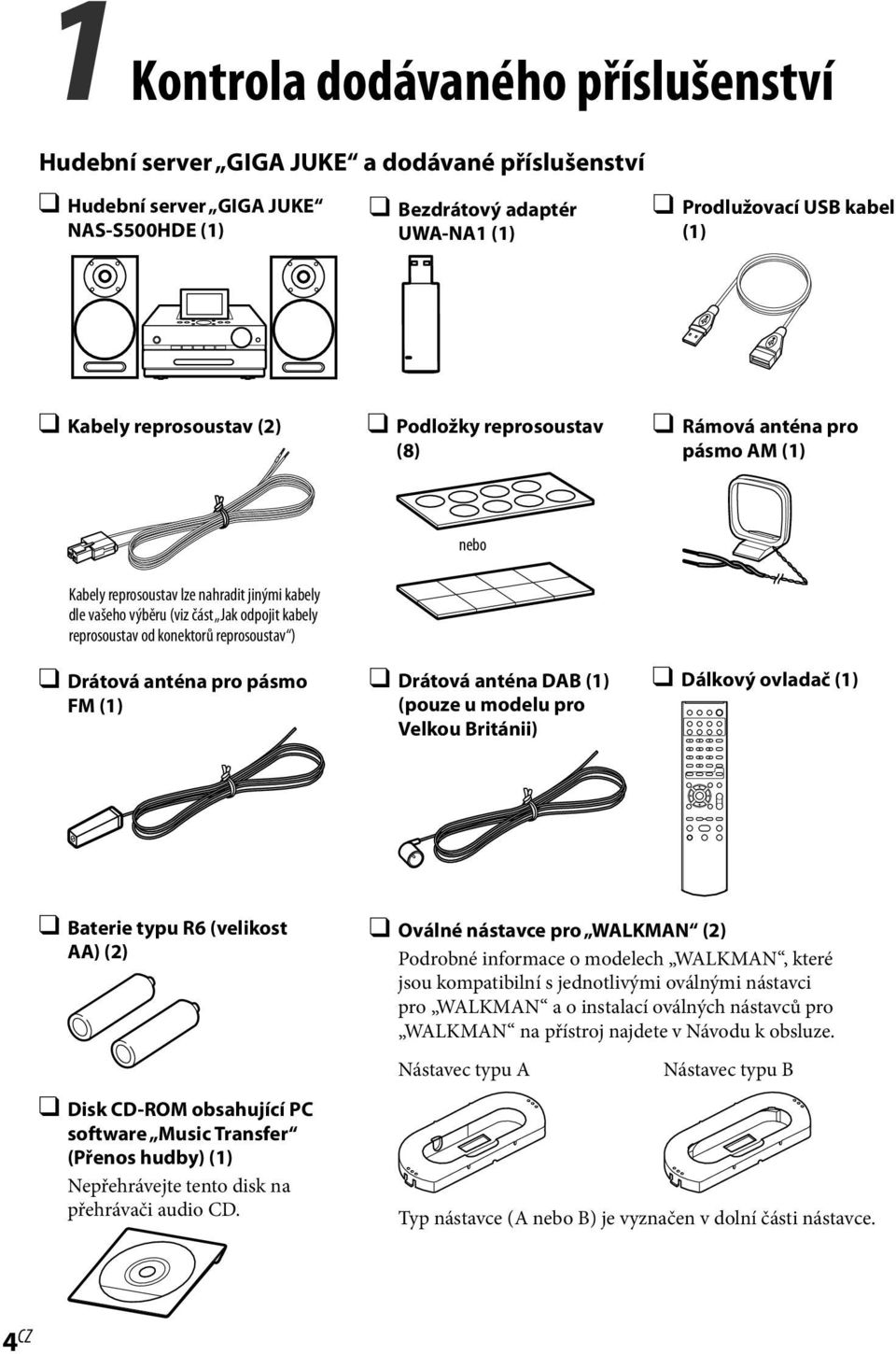 reprosoustav ) Drátová anténa pro pásmo FM (1) Drátová anténa DAB (1) (pouze u modelu pro Velkou Británii) Dálkový ovladač (1) Baterie typu R6 (velikost AA) (2) Disk CD-ROM obsahující PC software