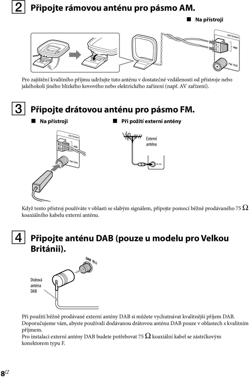 Připojte drátovou anténu pro pásmo FM.