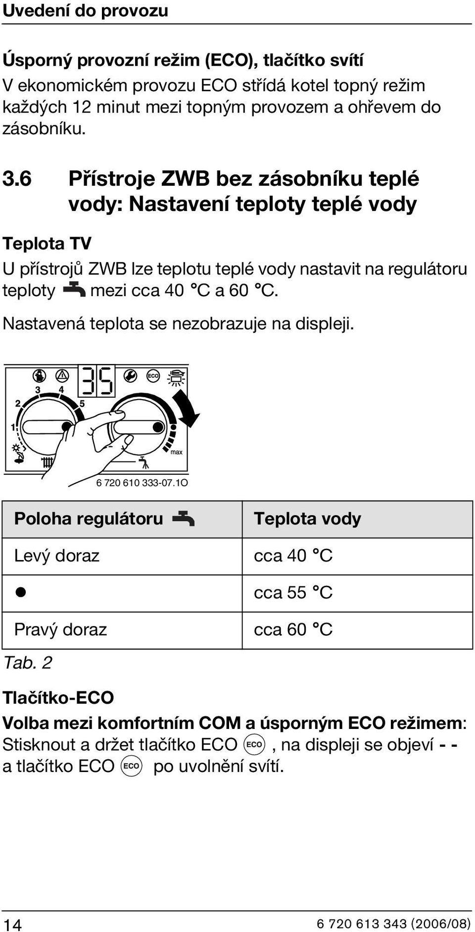 6 Přístroje ZWB bez zásobníku teplé vody: Nastavení teploty teplé vody Teplota TV U přístrojů ZWB lze teplotu teplé vody nastavit na regulátoru teploty mezi cca 40 C