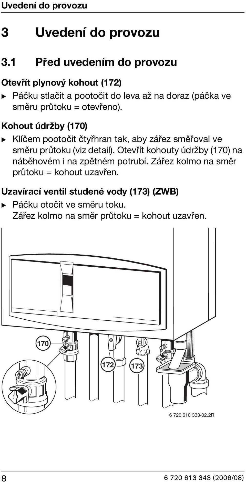 otevřeno). Kohout údržby (170) B Klíčem pootočit čtyřhran tak, aby zářez směřoval ve směru průtoku (viz detail).