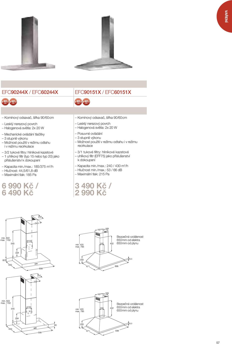 : 185/375 m 3 /h Hlučnost: 44,5/61,8 db Maximální tlak: 185 Pa 6 990 Kč / 6 490 Kč Komínový odsavač, šířka 90/60 cm Lesklý nerezový povrch Halogenová světla: 2x 20 W Posuvné ovládání 3 stupně výkonu