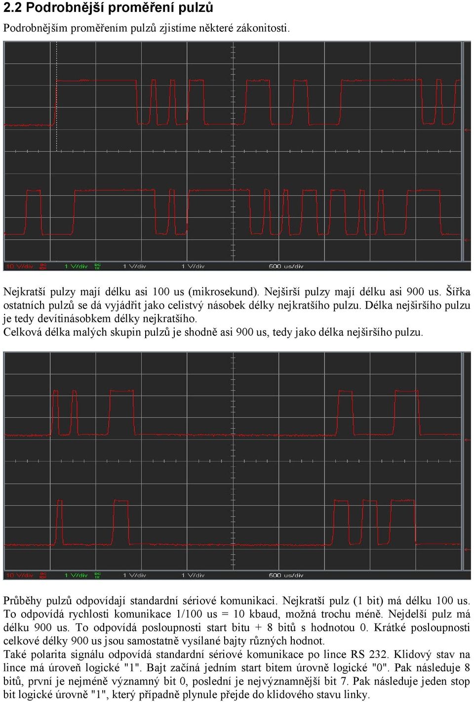 Celková délka malých skupin pulzů je shodně asi 900 us, tedy jako délka nejširšího pulzu. Průběhy pulzů odpovídají standardní sériové komunikaci. Nejkratší pulz (1 bit) má délku 100 us.