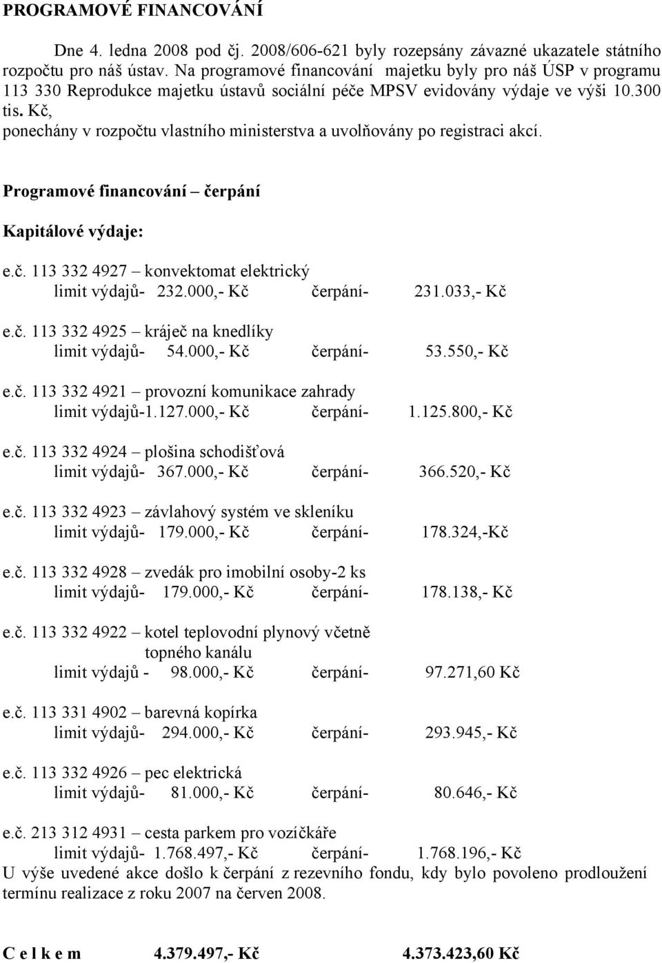 Kč, ponechány v rozpočtu vlastního ministerstva a uvolňovány po registraci akcí. Programové financování čerpání Kapitálové výdaje: e.č. 113 332 4927 konvektomat elektrický limit výdajů- 232.