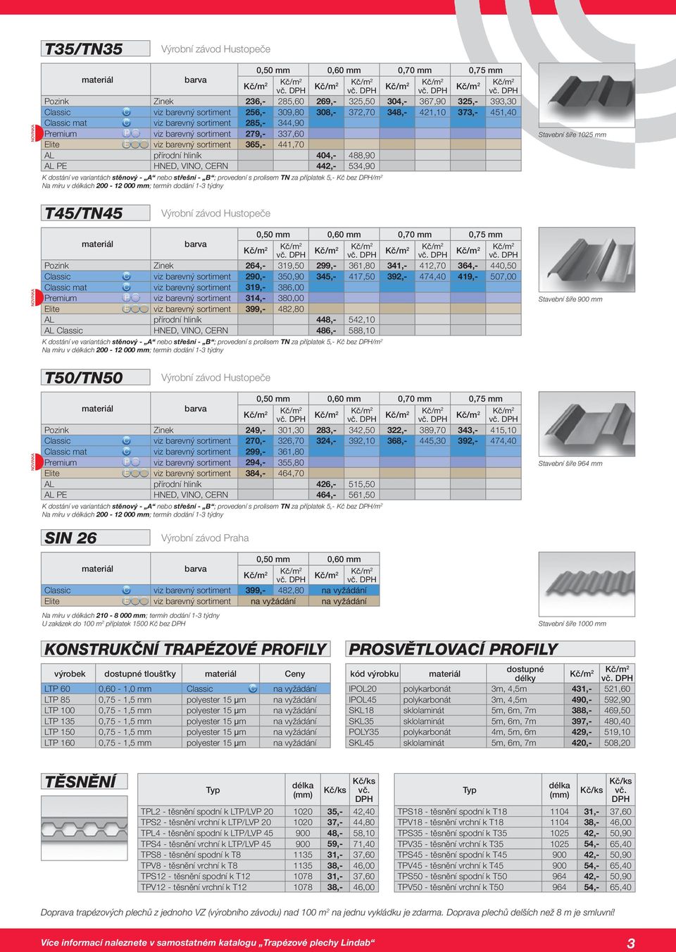 534,90 K dostání ve variantách stěnový - A nebo střešní - B ; provedení s prolisem TN za příplatek 5,- bez /m 2 Na míru v délkách 200-12 000 mm; termín dodání 1-3 týdny T45/TN45 SIN 26 0,50 mm 0,60