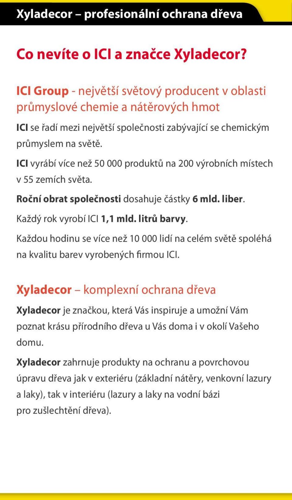 ICI vyrábí více než 50 000 produktů na 200 výrobních místech v 55 zemích světa. Roční obrat společnosti dosahuje částky 6 mld. liber. Každý rok vyrobí ICI 1,1 mld. litrů barvy.