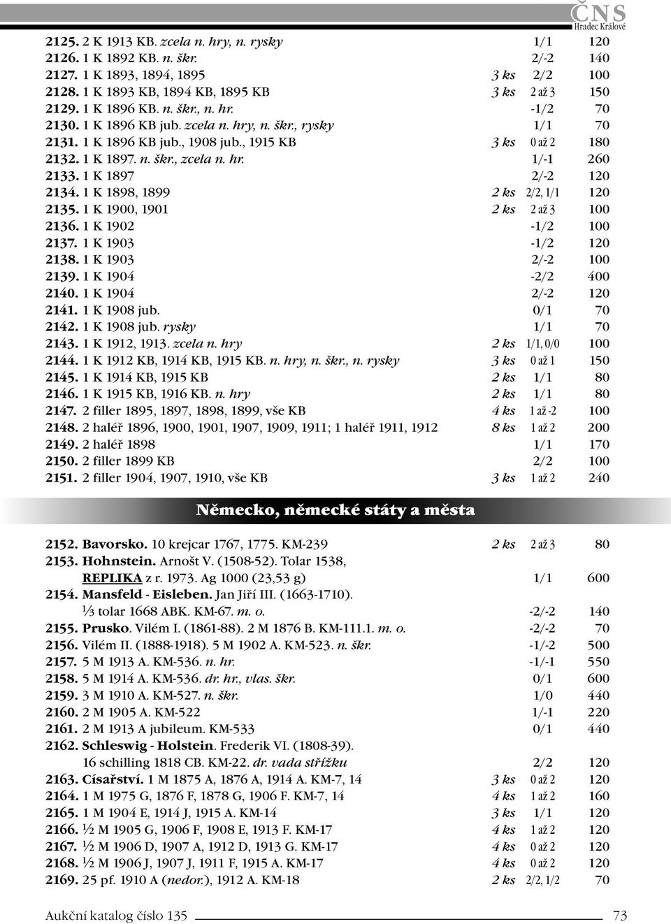 1 K 1898, 1899 2 ks 2/2, 1/1 120 2135. 1 K 1900, 1901 2 ks 2 až 3 100 2136. 1 K 1902-1/2 100 2137. 1 K 1903-1/2 120 2138. 1 K 1903 2/-2 100 2139. 1 K 1904-2/2 400 2140. 1 K 1904 2/-2 120 2141.