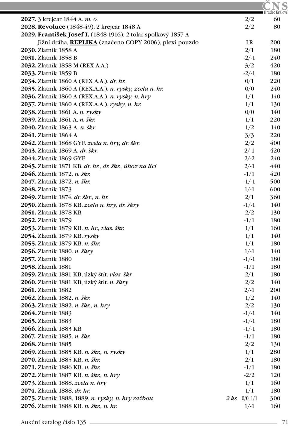 Zlatník 1859 B -2/-1 180 2034. Zlatník 1860 A (REX A.A.). dr. hr. 0/1 220 2035. Zlatník 1860 A (REX.A.A.). n. rysky, zcela n. hr. 0/0 240 2036. Zlatník 1860 A (REX.A.A.). n. rysky, n.