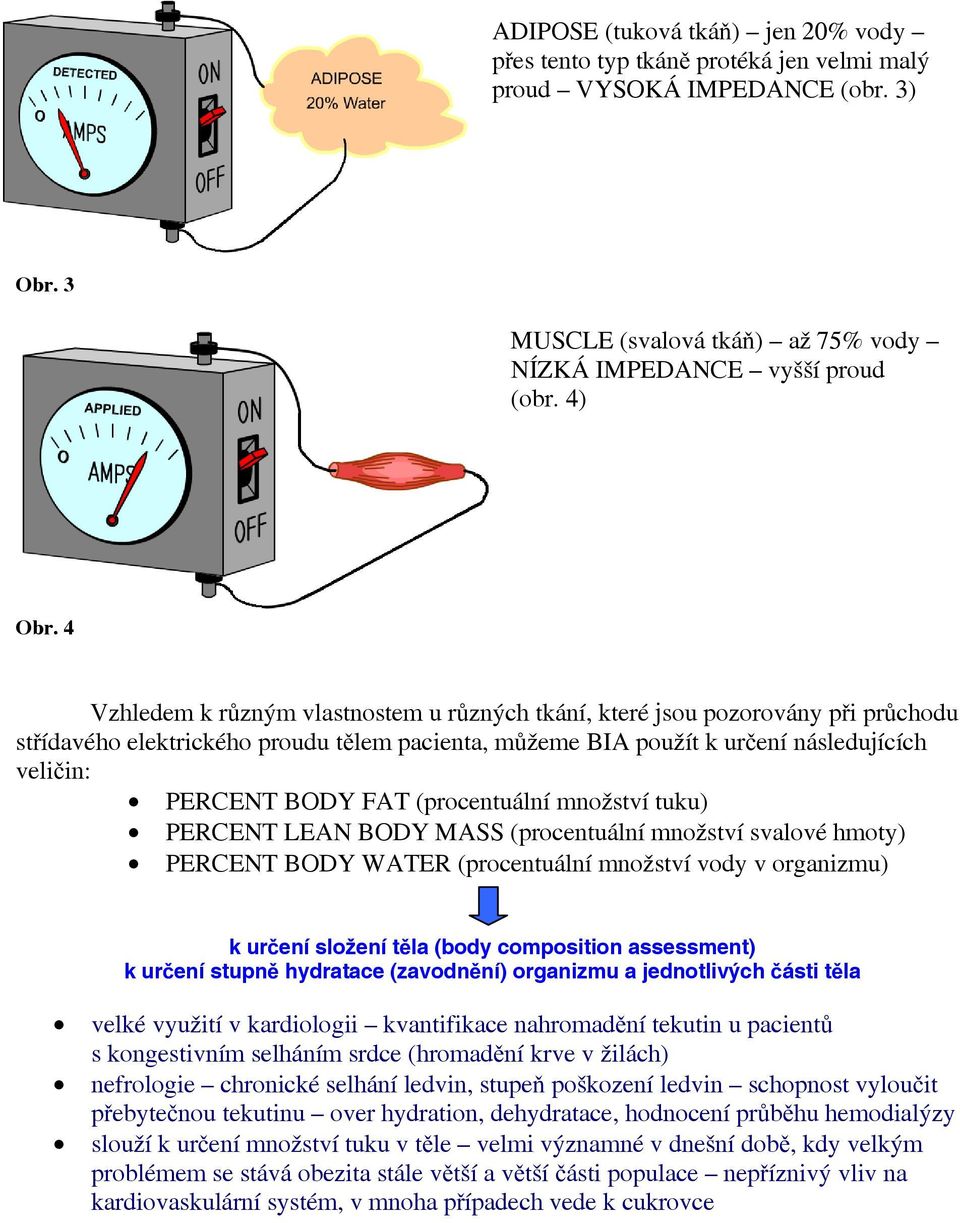 (procentuální nožství tuku) PERCENT LEAN BODY MASS (procentuální nožství svalové hoty) PERCENT BODY WATER (procentuální nožství vody v organizu) k určení složení těla (body coposition assessent) k