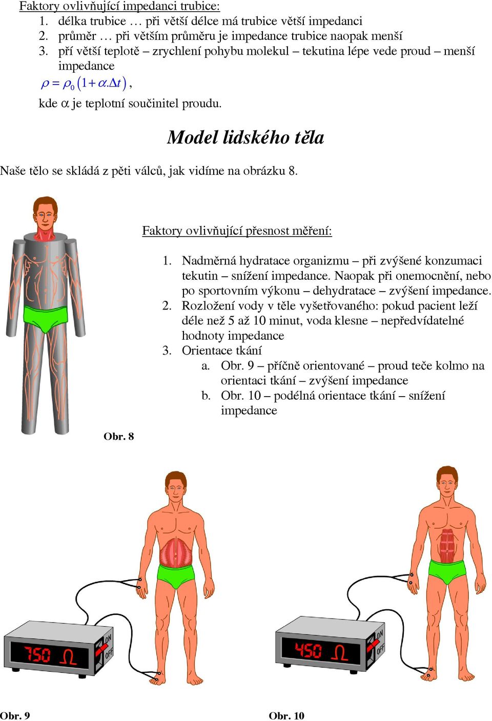 Model lidského těla Naše tělo se skládá z pěti válců, jak vidíe na obrázku 8. Obr. 8 Faktory ovlivňující přesnost ěření: 1. Naděrná hydratace organizu při zvýšené konzuaci tekutin snížení ipedance.