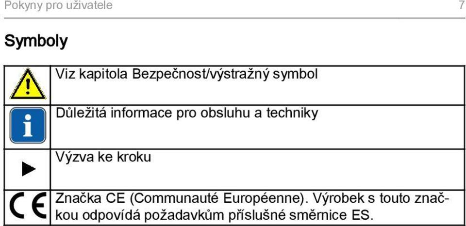 obsluhu a techniky Výzva ke kroku Značka CE (Communauté