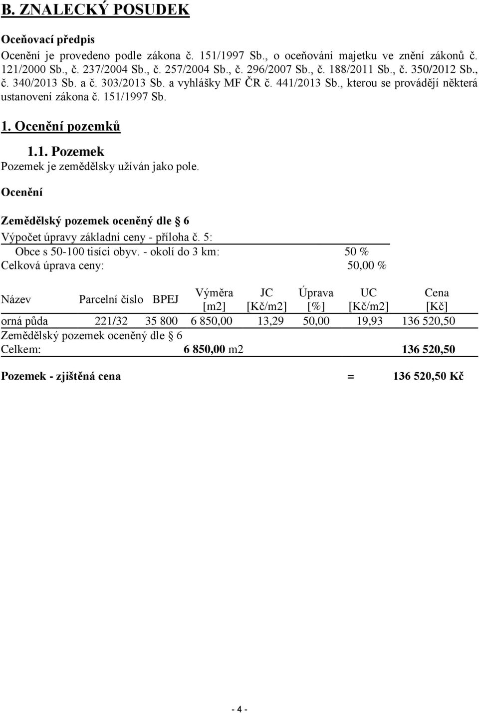Ocenění Zemědělský pozemek oceněný dle 6 Výpočet úpravy základní ceny - příloha č. 5: Obce s 50-100 tisíci obyv.