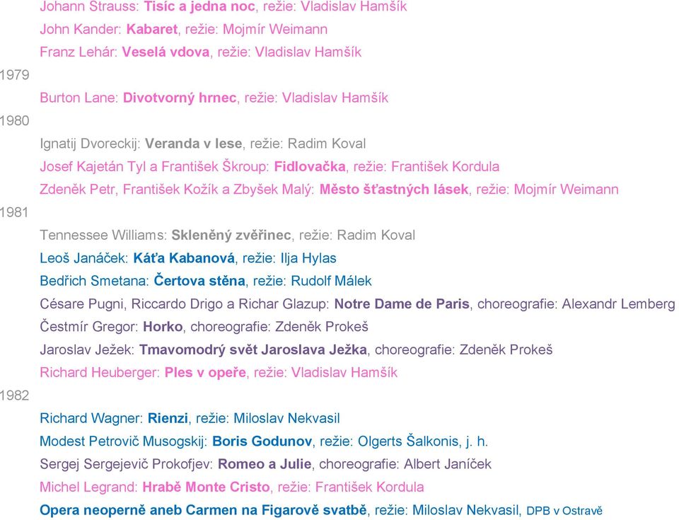 Malý: Město šťastných lásek, režie: Mojmír Weimann Tennessee Williams: Skleněný zvěřinec, režie: Radim Koval Leoš Janáček: Káťa Kabanová, režie: Ilja Hylas Bedřich Smetana: Čertova stěna, režie: