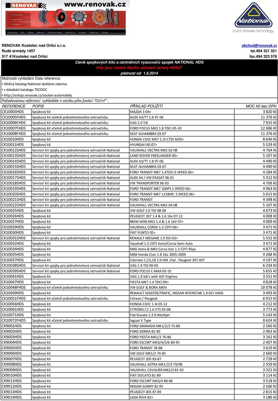 třecího obložení lamely HDS57 platnost od 1.6.2014 http://eshop.renovak.cz/osobni-automobily Požadovanou referenci vyhledáte v ceníku přes funkci "Ctrl+F".