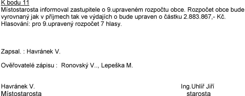 2.883.867,- Kč. Hlasování: pro 9.upravený rozpočet 7 hlasy. Zapsal. : Havránek V.