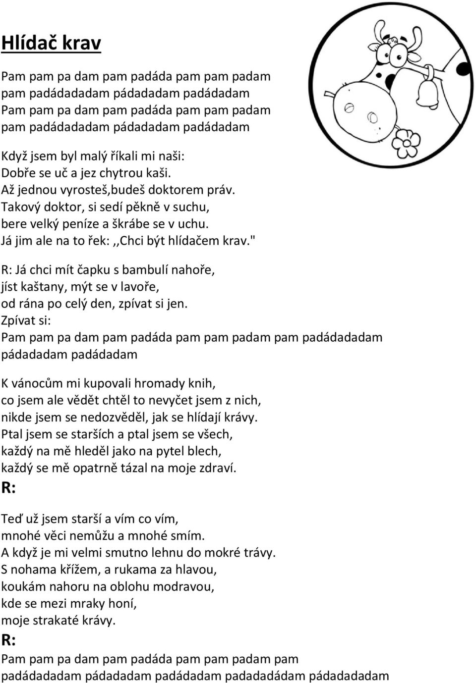 " Já chci mít čapku s bambulí nahoře, jíst kaštany, mýt se v lavoře, od rána po celý den, zpívat si jen.