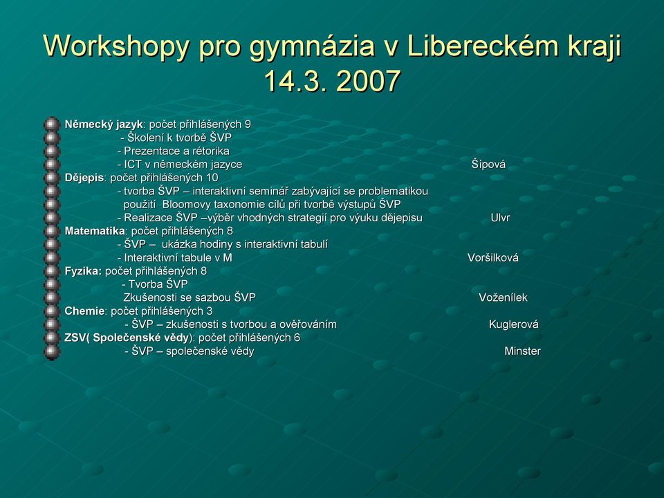 seminář zabývající se problematikou použití Bloomovy taxonomie cílů při tvorbě výstupů ŠVP - Realizace ŠVP výběr vhodných strategií pro výuku dějepisu Ulvr Matematika: : počet