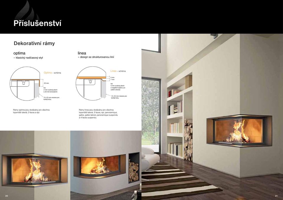 celém obvodu 13 25 mm mezera pro kofráž krbu Rámy optima jsou dodávány pro všechna topeniště laterál, 3 faces a épi.