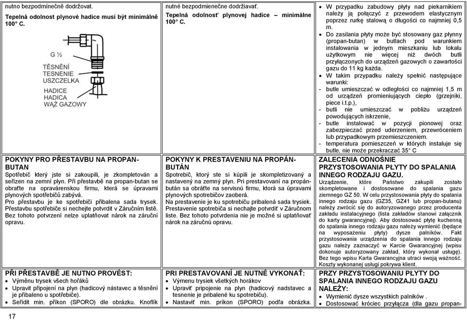 Při přestavbě na propan-butan se obraťte na opravárenskou firmu, která se úpravami plynových spotřebičů zabývá. Pro přestavbu je ke spotřebiči přibalena sada trysek.