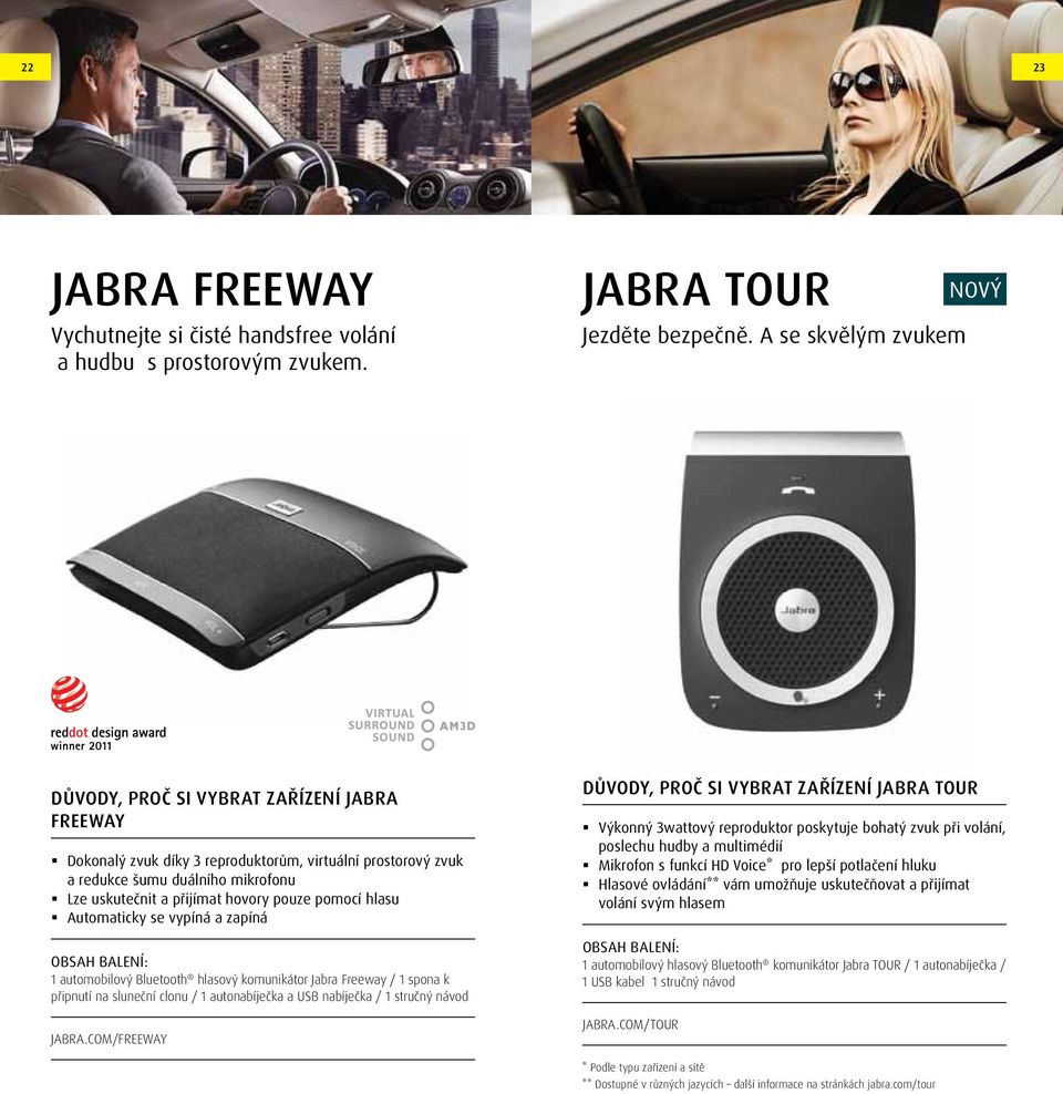 pouze pomocí hlasu Automaticky se vypíná a zapíná 1 automobilový Bluetooth hlasový komunikátor Freeway / 1 spona k připnutí na sluneční clonu / 1 autonabíječka a USB nabíječka / 1 stručný návod JABRA.