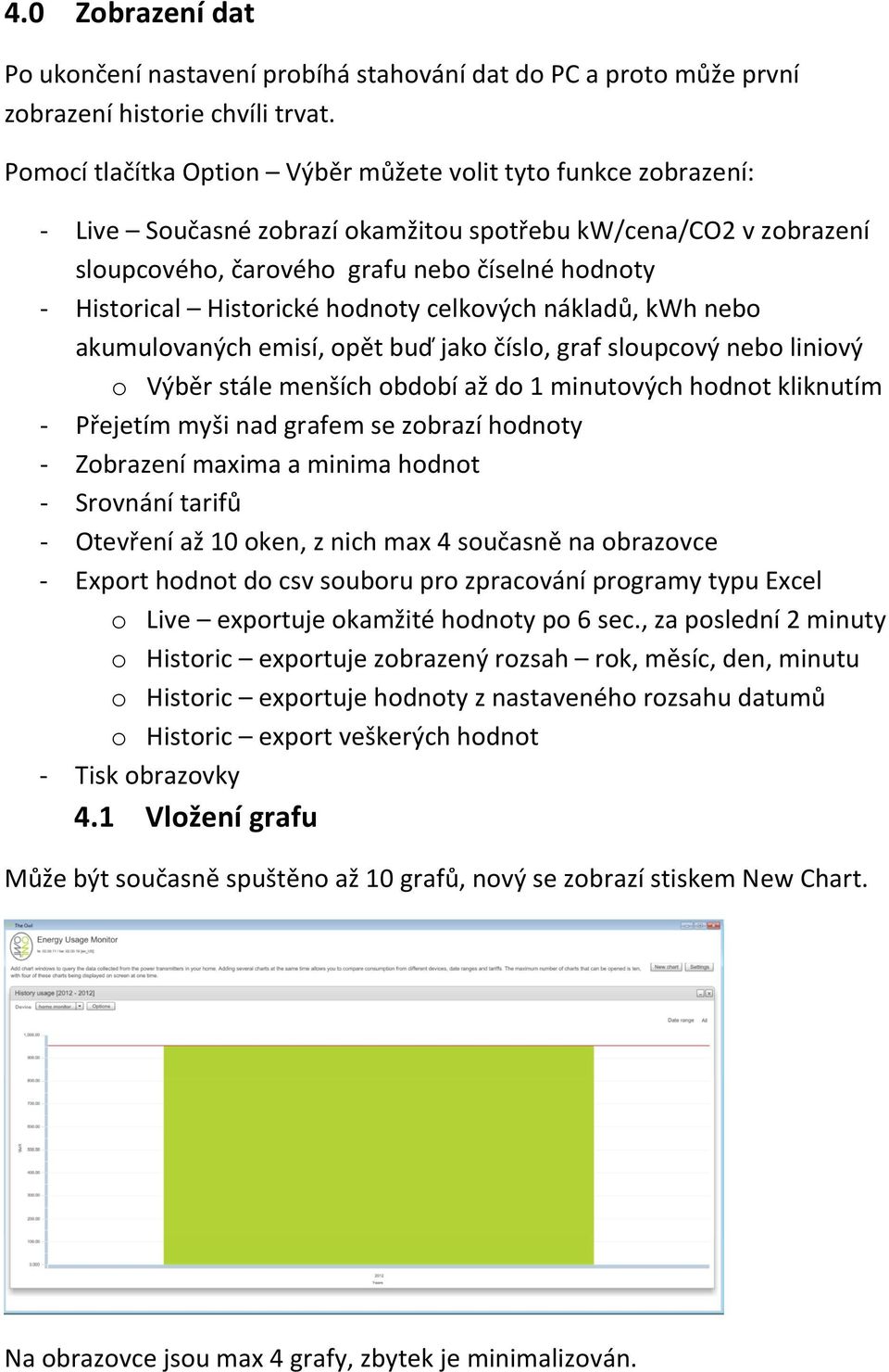 Historické hodnoty celkových nákladů, kwh nebo akumulovaných emisí, opět buď jako číslo, graf sloupcový nebo liniový o Výběr stále menších období až do 1 minutových hodnot kliknutím - Přejetím myši