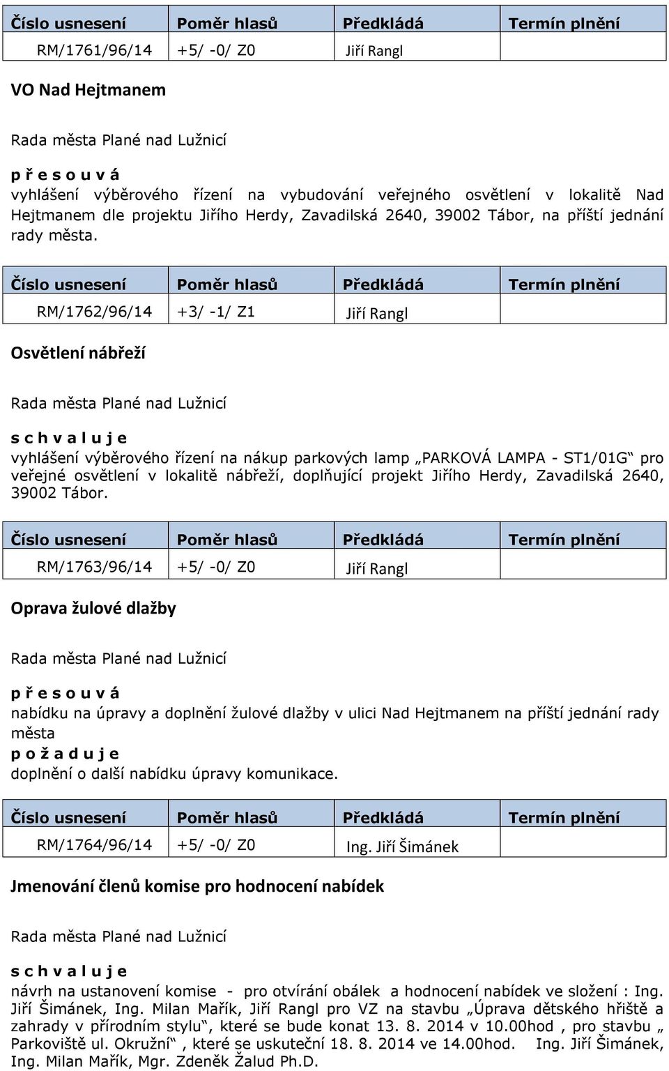 RM/1762/96/14 +3/ -1/ Z1 Jiří Rangl Osvětlení nábřeží vyhlášení výběrového řízení na nákup parkových lamp PARKOVÁ LAMPA - ST1/01G pro veřejné osvětlení v lokalitě nábřeží, doplňující projekt Jiřího