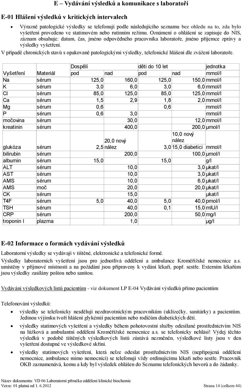 Oznámení o ohlášení se zapisuje do NIS, záznam obsahuje: datum, čas, jméno odpovědného pracovníka laboratoře, jméno příjemce zprávy a výsledky vyšetření.