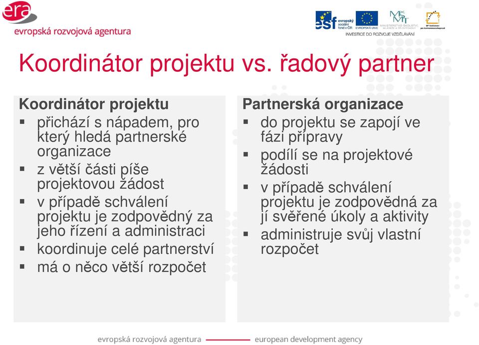 projektovou žádost v případě schválení projektu je zodpovědný za jeho řízení a administraci koordinuje celé partnerství