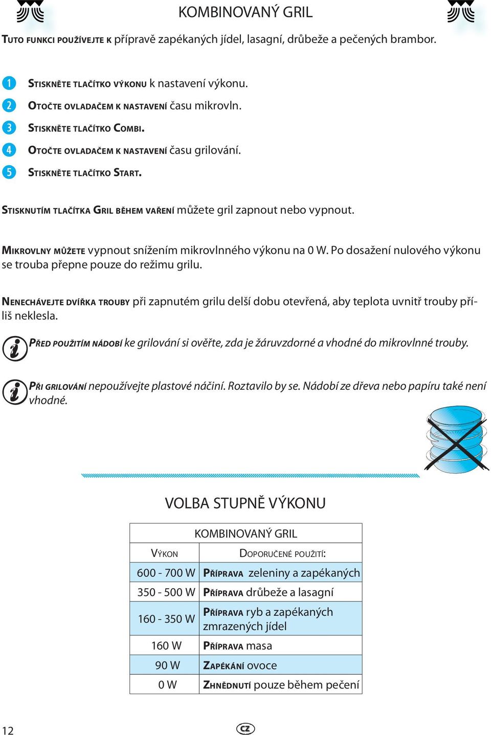 STISKNUTÍM TLAČÍTKA GRIL BĚHEM VAŘENÍ můžete gril zapnout nebo vypnout. MIKROVLNY MŮŽETE vypnout snížením mikrovlnného výkonu na 0 W.