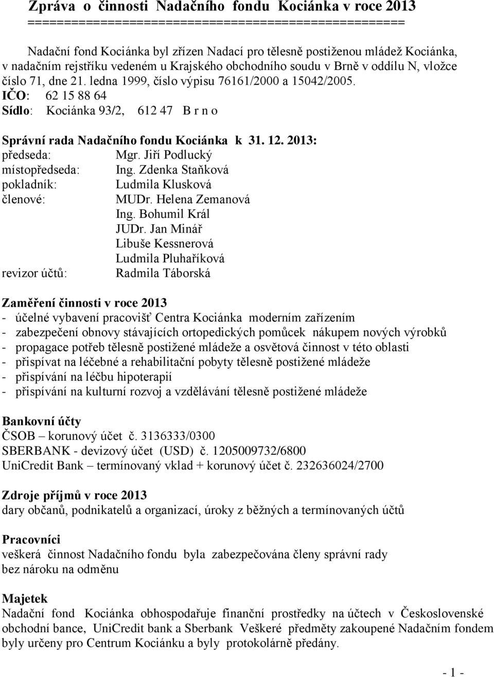 IČO: 62 15 88 64 Sídlo: Kociánka 93/2, 612 47 B r n o Správní rada Nadačního fondu Kociánka k 31. 12. 2013: předseda: Mgr. Jiří Podlucký místopředseda: Ing.