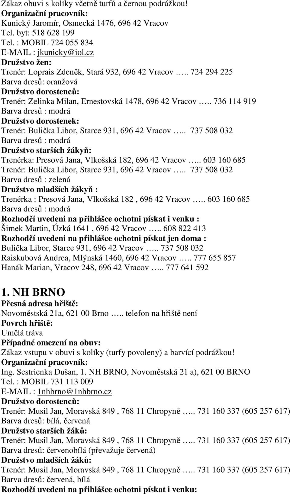 . 736 114 919 Barva dresů : modrá Družstvo dorostenek: Trenér: Bulička Libor, Starce 931, 696 42 Vracov.. 737 508 032 Barva dresů : modrá Trenérka: Presová Jana, Vlkošská 182, 696 42 Vracov.