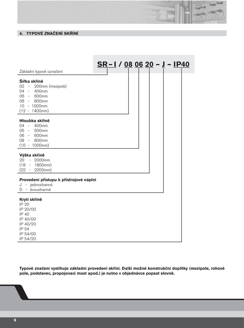 přístrojové náplni J - jednostranné D - dvoustranné Krytí skříně IP 20 IP 20/00 IP 40 IP 40/00 IP 40/20 IP 54 IP 54/00 IP 54/20 Typové značení