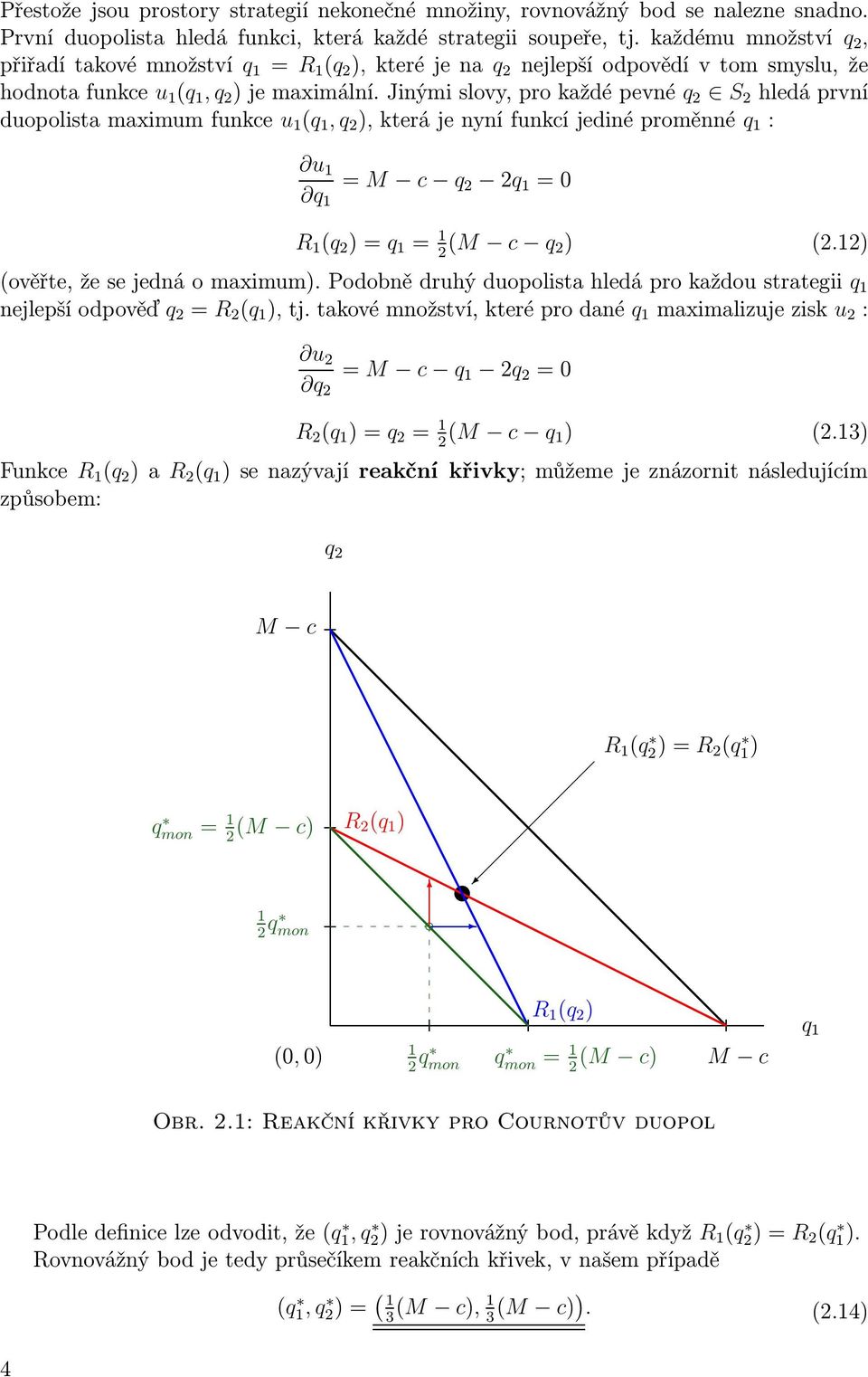 jinýmislovy,prokaždépevné q 2 S 2 hledáprvní duopolistamaximumfunkce u (q, q 2 ),kterájenynífunkcíjedinéproměnné q : u q = M c q 2 2q =0 R (q 2 )=q = 2 (M c q 2) (2.2) (ověřte,žesejednáomaximum).