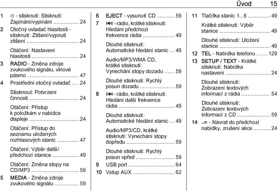 .. 24 Otáčení: Přístup do seznamu uložených rozhlasových stanic... 47 Otáčení: Výběr další/ předchozí stanice... 49 Otáčení: Změna stopy na CD/MP3... 59 5 MEDIA - Změna zdroje zvukového signálu.