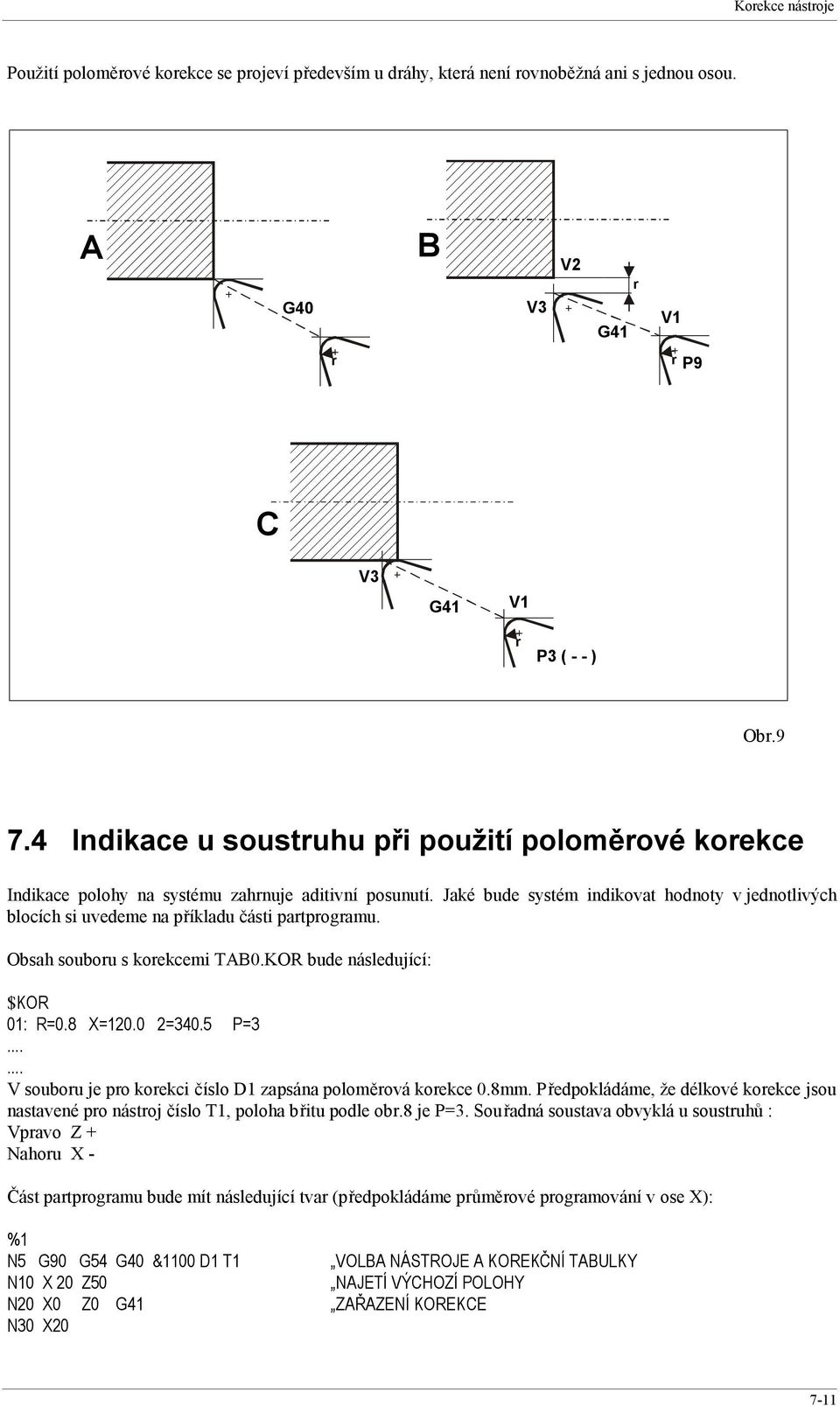 Jaké bude systém indikovat hodnoty v jednotlivých blocích si uvedeme na příkladu části partprogramu. Obsah souboru s korekcemi TAB0.KO bude následující: $KO 01: =0.8 X=120.0 2=340.5 P=3.