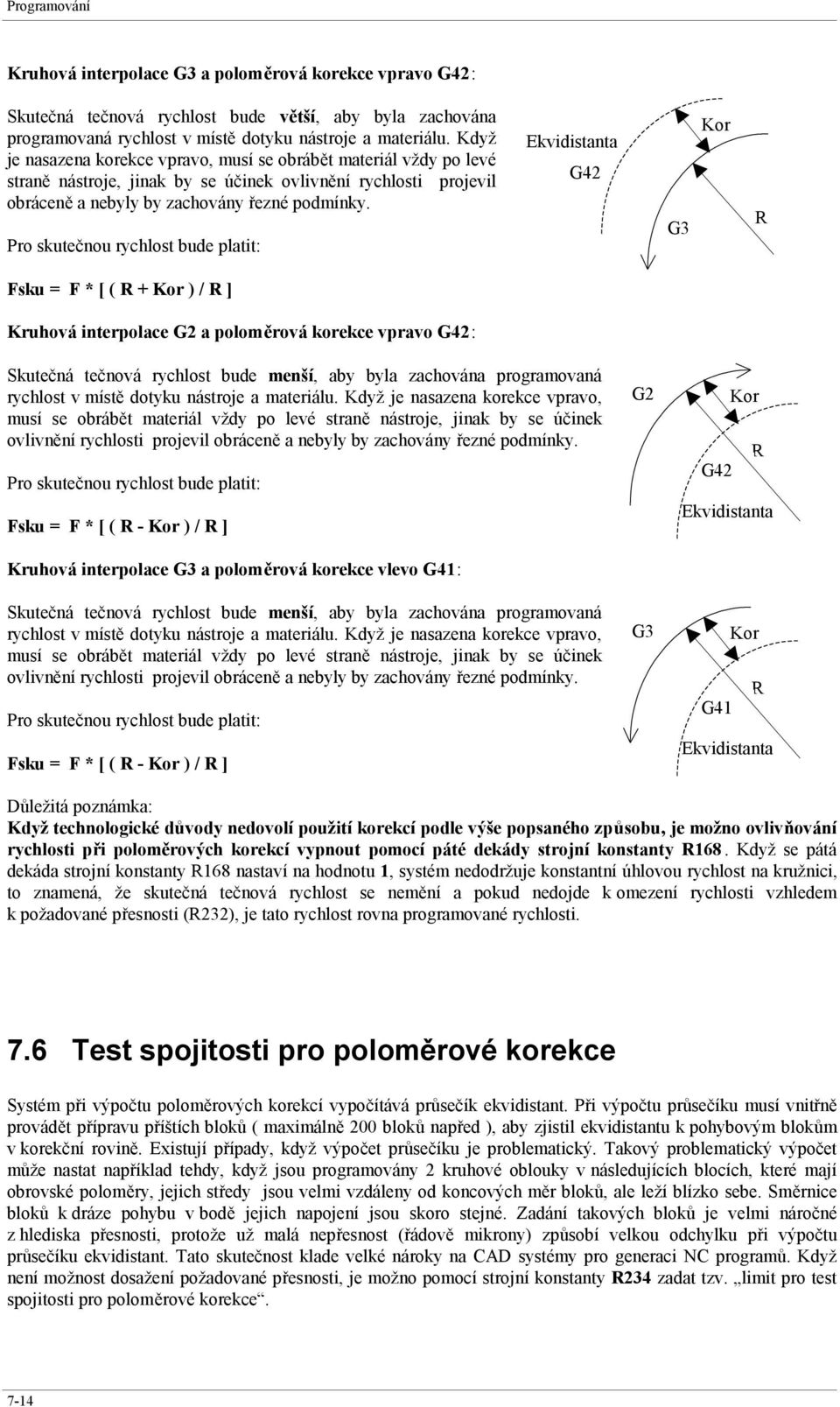 Pro skutečnou rychlost bude platit: Ekvidistanta G42 G3 Kor Fsku = F * [ ( + Kor ) / ] Kruhová interpolace G2 a poloměrová korekce vpravo G42: Skutečná tečnová rychlost bude menší, aby byla zachována