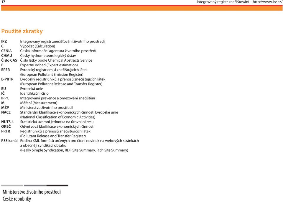 a přenosů znečišťujících látek (European Pollutant Release and Transfer Register) EU Evropská unie IČ Identifikační číslo IPPC Integrovaná prevence a omezování znečištění M Měření (Measurement) MŽP