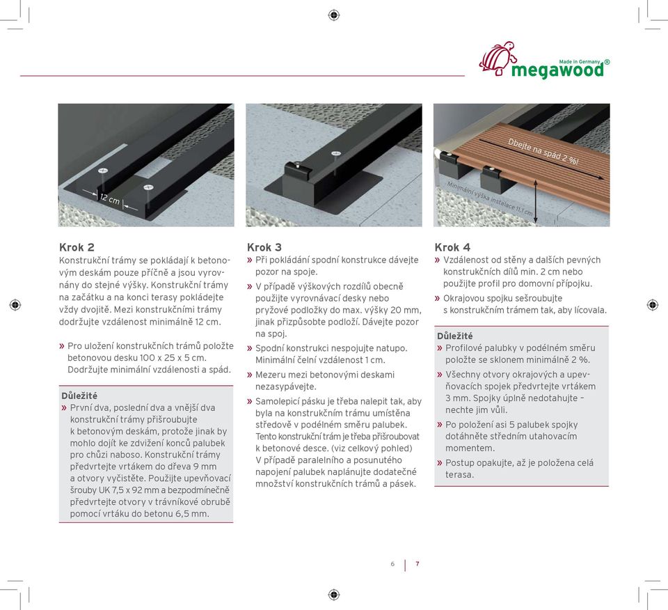 » Pro uložení konstrukčních trámů položte betonovou desku 100 x 25 x 5 cm. Dodržujte minimální vzdálenosti a spád.