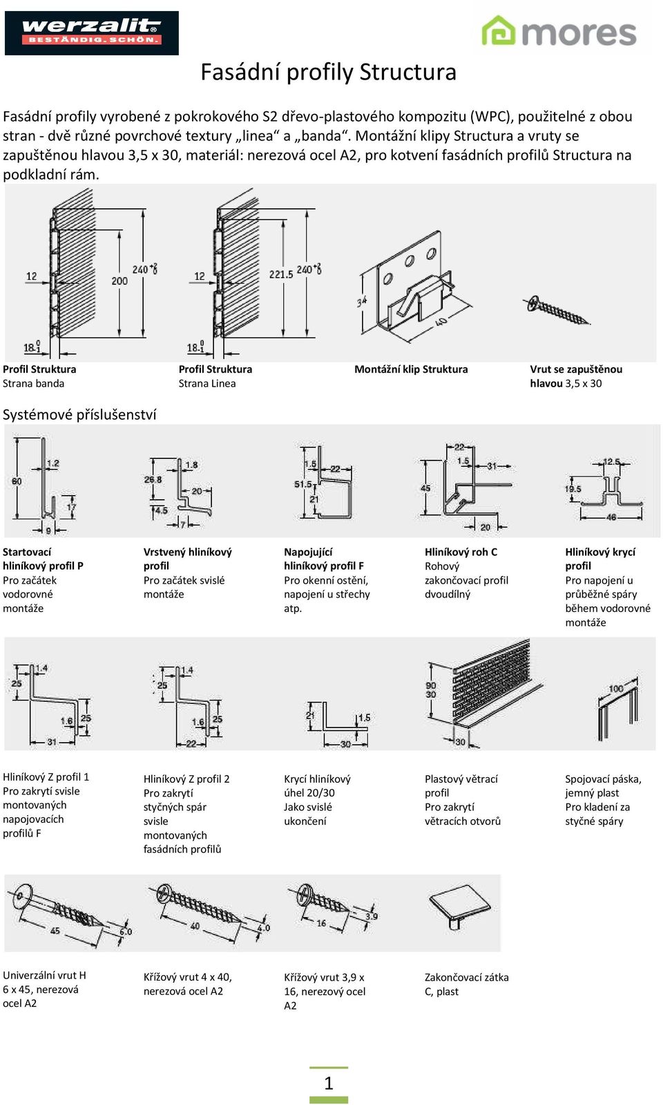 Profil Struktura Strana banda Profil Struktura Strana Linea Montážní klip Struktura Vrut se zapuštěnou hlavou 3,5 x 30 Systémové příslušenství Startovací hliníkový profil P Pro začátek vodorovné